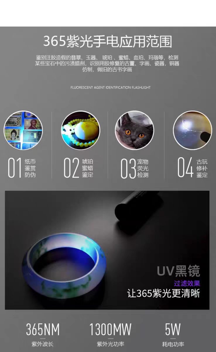 New Aluminum Alloy Purple Light Flashlight for Detecting Fluorescent Agents, Pet Cat Skin Fungus Detection, Ultraviolet Mini Flashlight