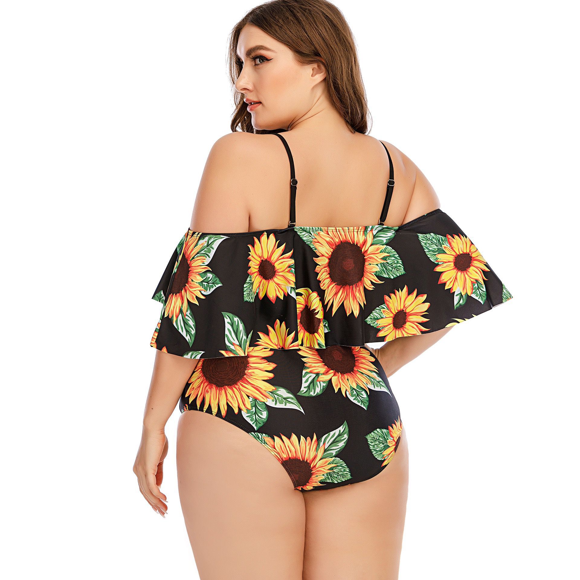 plus size sunflower print suspender ruffles one-piece swimsuit NSJHD124952