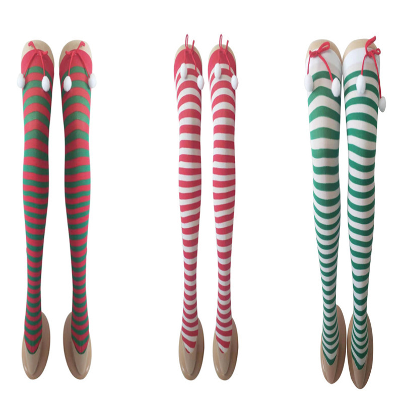 圣诞节袜子派对长筒条纹袜 小球装饰条纹长筒圣诞袜红白条纹袜子