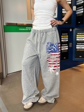 美式双腰头拼接星条旗印花垂感卫裤男女慵懒感百搭宽松阔腿休闲裤