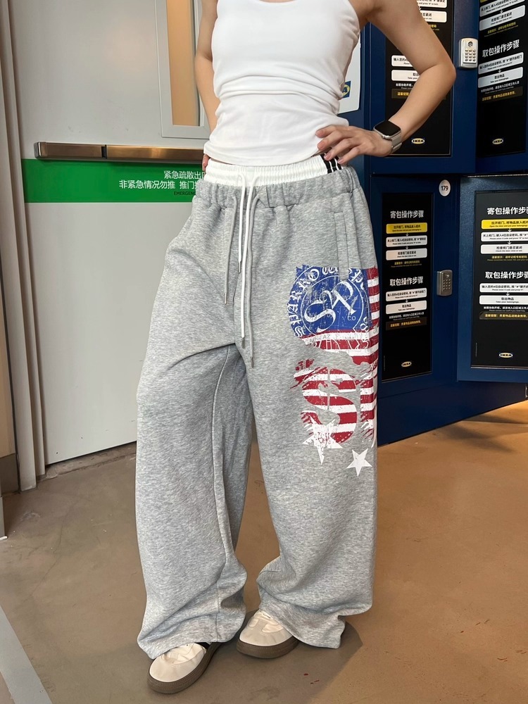 美式双腰头拼接星条旗印花垂感卫裤男女慵懒感百搭宽松阔腿休闲裤