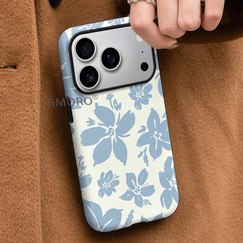 Amazon's Popular Fresh-Style iPhone 17 Blue and White Floral Phone Case, Apple 16 Plus Two-In-One Film Case