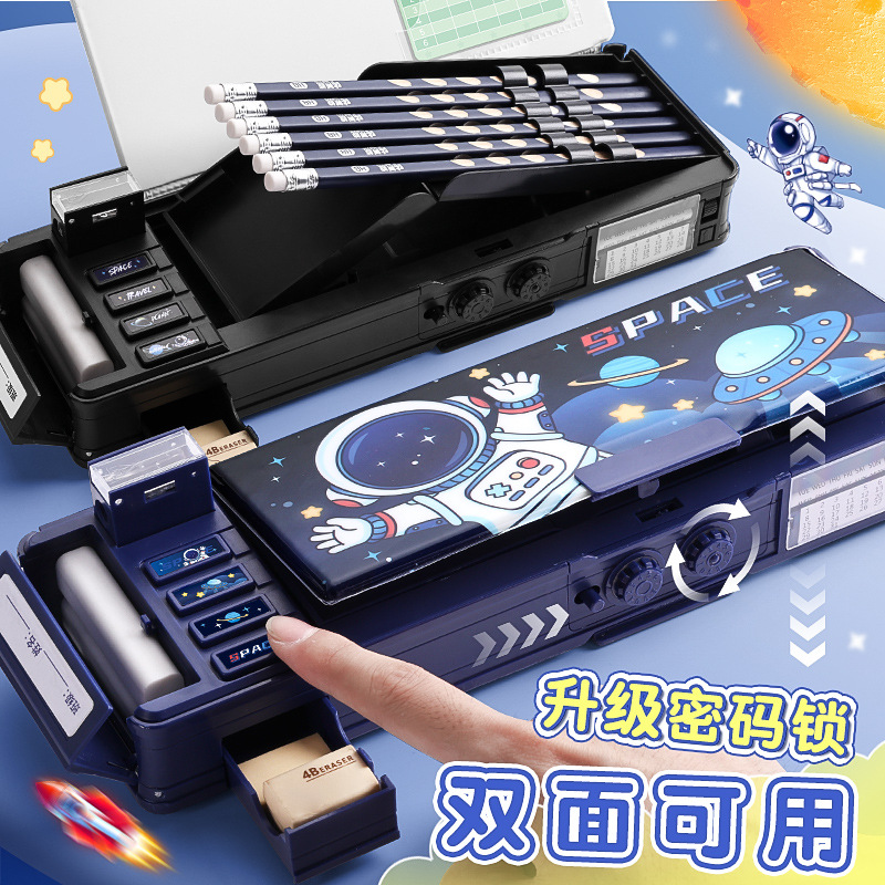 Contraseña de bloqueo caja de lápices de niño multi-funcional negro tecnología caja de lápices para estudiantes de primaria niño azul