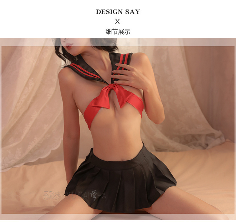 Sailor Student Roleplay Lingerie Set with Lace-Up Backless Top, Mini Skirt and Thong — detail image 5
