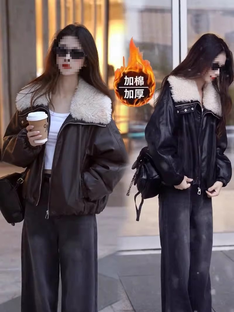 2025 New Leather Jacket for Women, Cotton-Padded and Thickeneded, Autumn and Winter Korean Style Loose Slimming Look Casual Warm Motorcycle Jacket Trendy