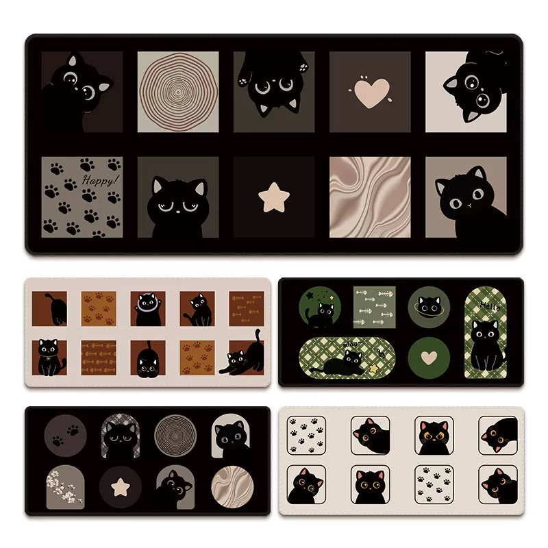 Big cartoon mouse, black keyboard, table table mat, cat