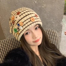 冬季纽扣针织冷帽女新款多巴胺毛线帽子显脸小秋冬百搭护耳包头帽