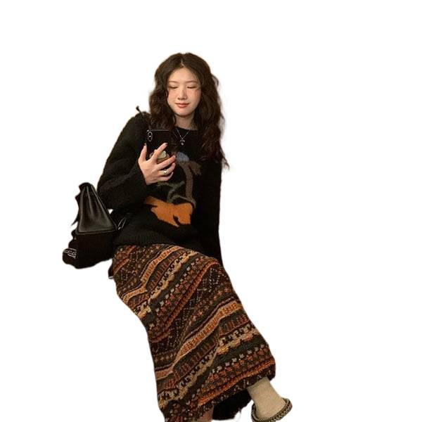 套装/单件韩版复古风黑色提花圆领毛衣女秋冬民族风费尔岛半身裙|undefined