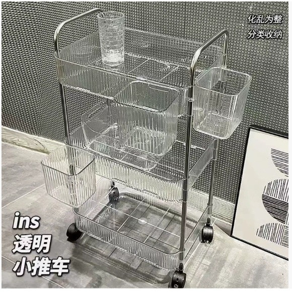 Dormitory Small Trolley Acrylic Bedside Storage Rack for Cosmetics, Snacks, Books, Desktop, and Bathroom Organization
