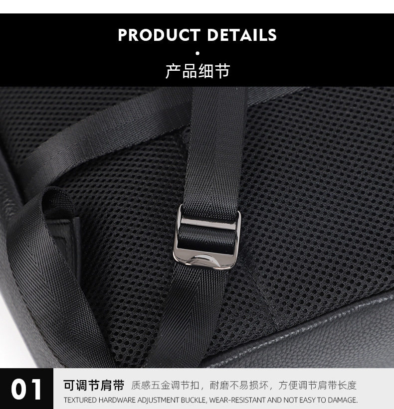 Ba lô da bò lớp đầu cho nam, kiểu dáng tối giản, đa chức năng, ngăn laptop 15 inch — Màu đen chi tiết 20