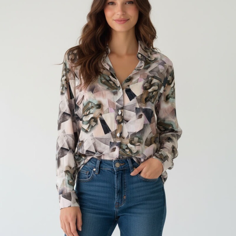 Retro Hong Kong Style Women's Clothing 80S Autumn New Fashion Casual Loose Lapel Ink Painting Print Chiffon Shirt for Women