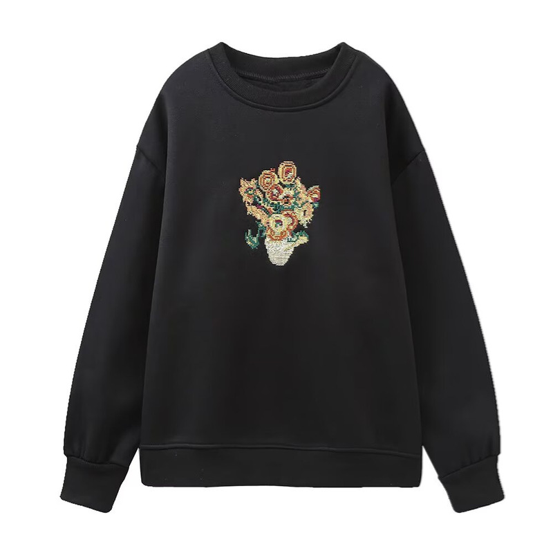 Pb&Za European and American Style Women's Clothing New Fashion Versatile Round Neck Long-Sleeved Sunflower Embroidered Sweatshirt