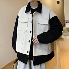 港风男短款加厚保暖呢拼接夹棉大衣男潮男士高街呢外套毛呢子韩版