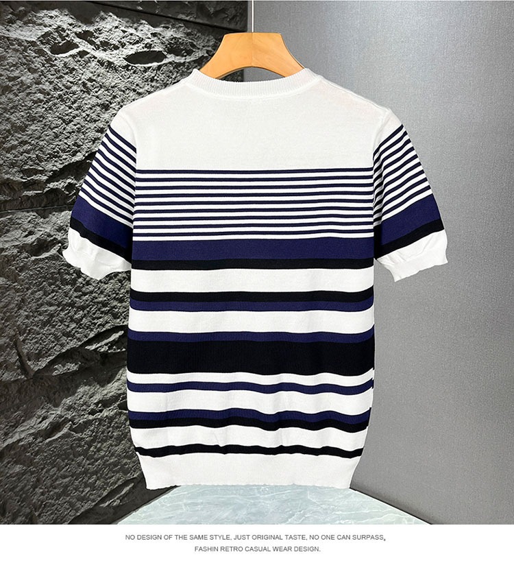 Herren Slim Fit Strickpullover Gestreift Business Kurzarm Shirt_voghion.com