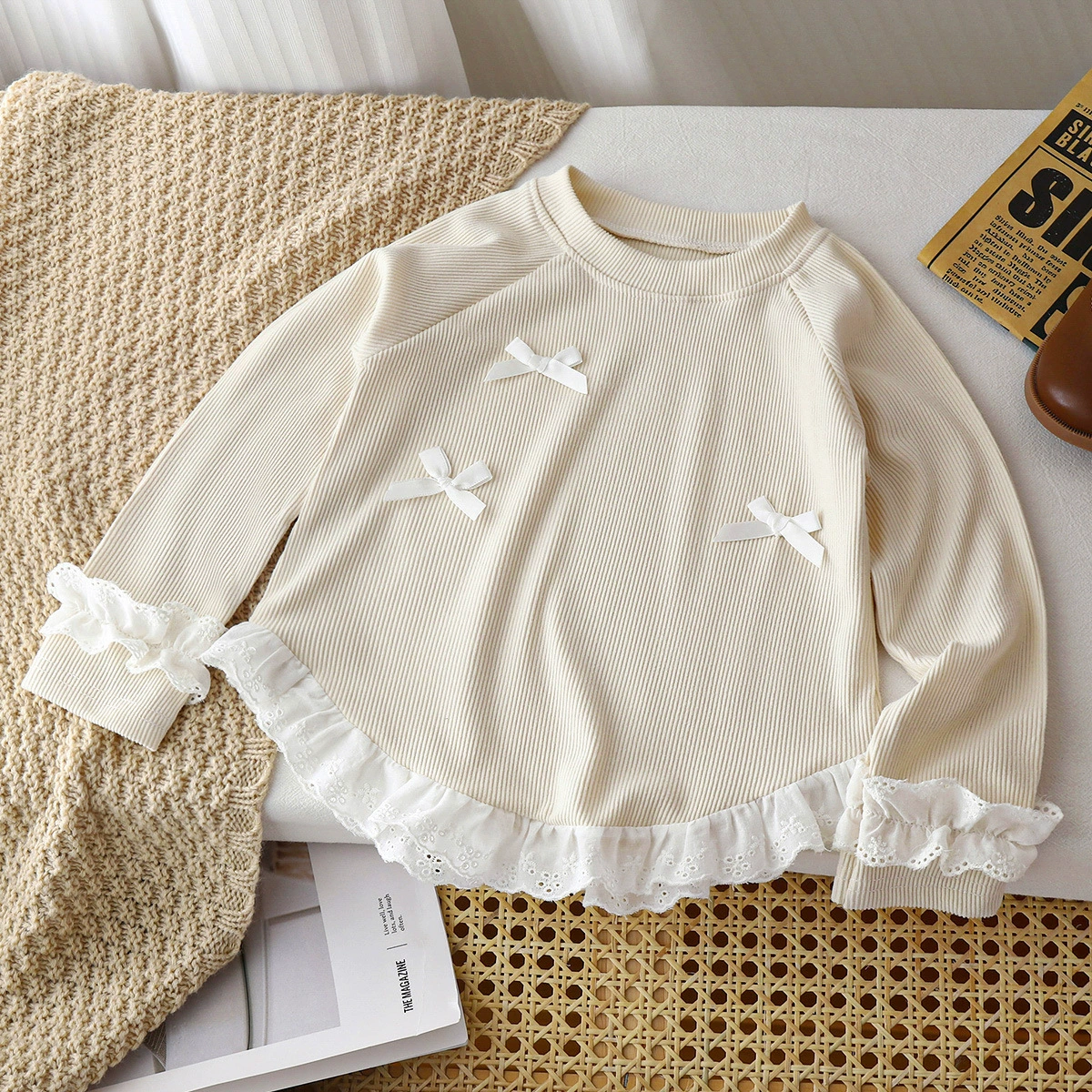 Children's Long-Sleeve Top, Korean-Western Style, Bow & Lace Trim — Autumn Sizes 80–150 cm