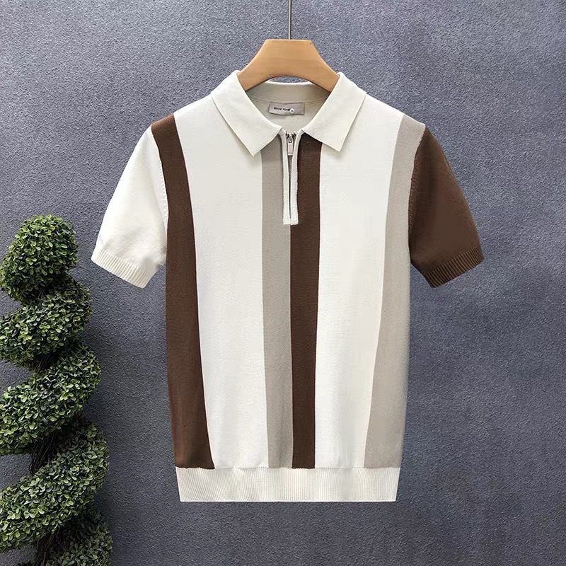 Polo camiseta camiseta de punto camiseta de manga corta camiseta de hombre a rayas solapa medio cremallera vieja fábrica de hielo de verano transfronteriza mayorista