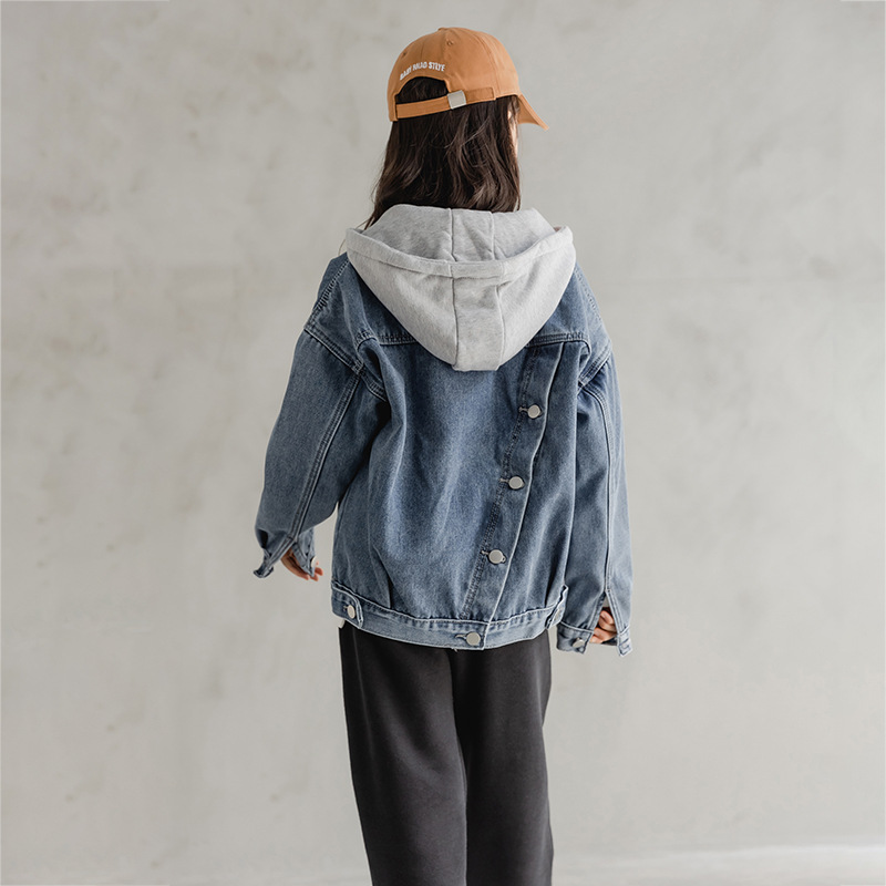 女童外套  2021秋冬韩版童装女孩加绒加厚牛仔连帽外套开衫中大童
