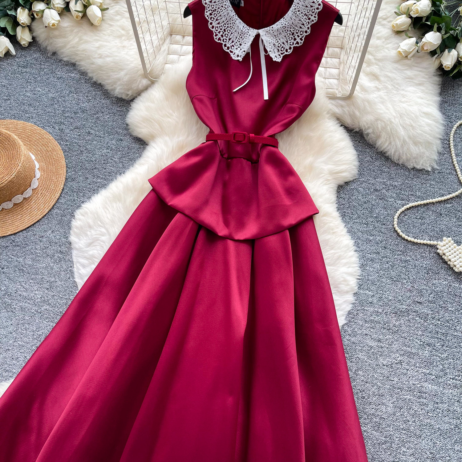 Elegant High-Waisted A-Line Dress Red Lace Peter Pan Collar Summer Commute Suitable Women's Clothing_ecoleips.com