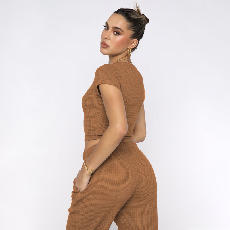 Spring Summer Solid Color Waffle round Neck Short Sleeve Women Clothing Casual Trousers Sets 23 Spring Summer Solid Color Waffle round Neck Short Sleeve Women Clothing Casual Trousers Sets