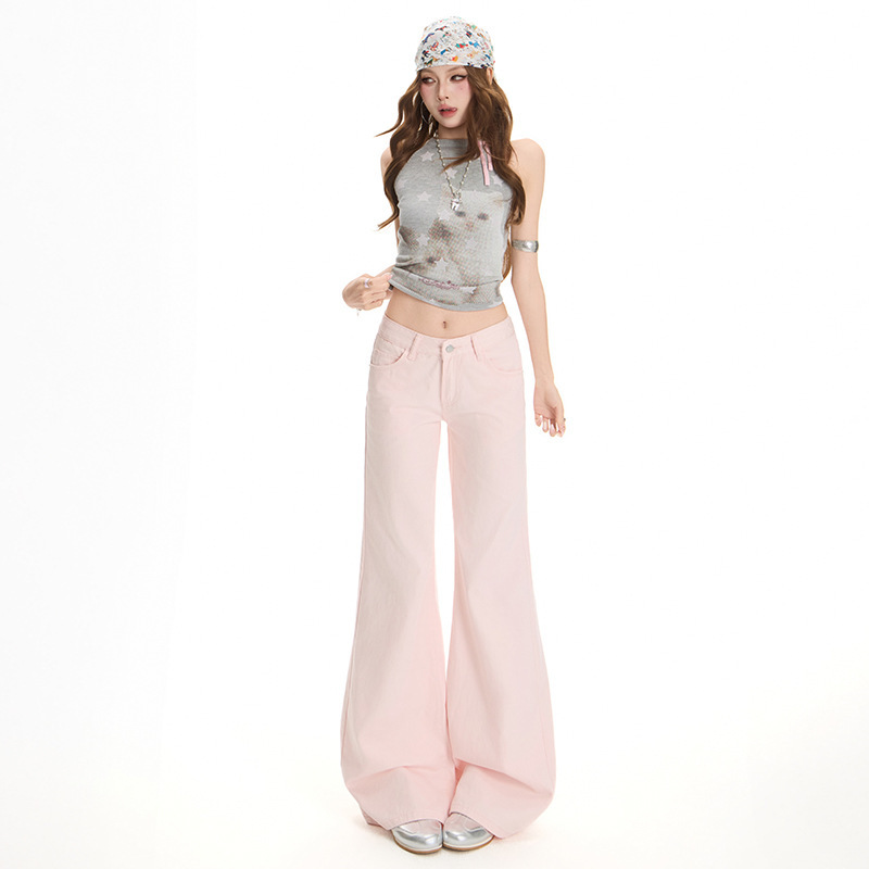 Pink Flared Jeans for Women, New Summer Style, Youthful and Age-Reducing, Low-Waisted, Loose Fit, Not Tight on the Legs, Slimming, Slightly Flared Long Pants