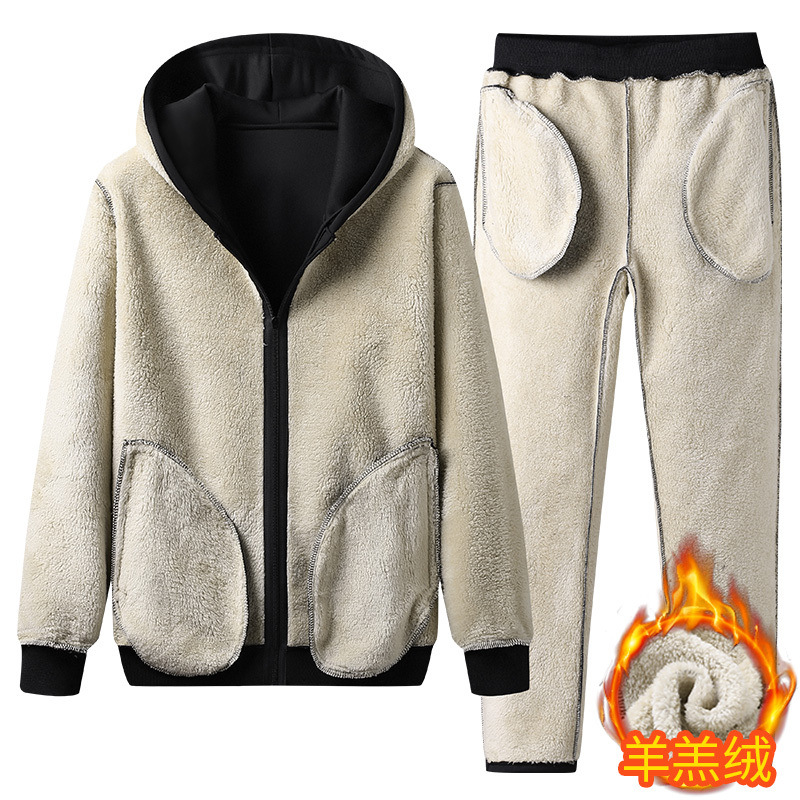 Trajes de invierno transfronterizos de cordero de gran tamaño, traje de cachemira para hombres, traje de ocio deportivo de cachemira grueso, chaqueta con capuzas para hombres, pantalones para hombres