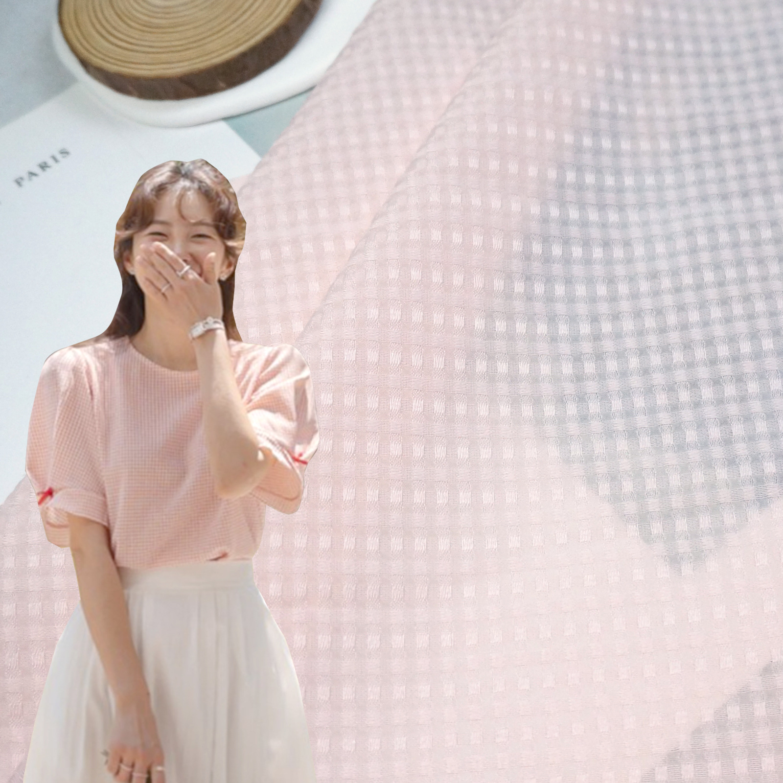 新春夏薄款连衣裙时装格子面料 涤纶提花染色泡泡布 娃衣布料批发