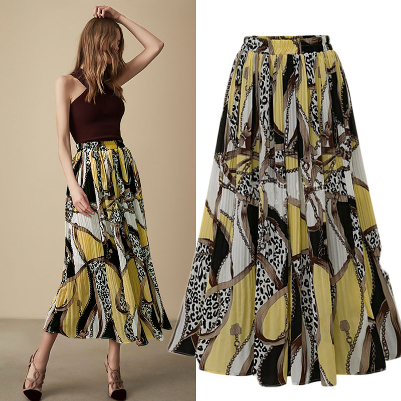 Ropa de mujer 8191# Falda plisada de gasa de talla grande para mujer, nueva falda de cintura alta, estampada, mediana y larga, con vuelo grande, para primavera y verano_voghion.com