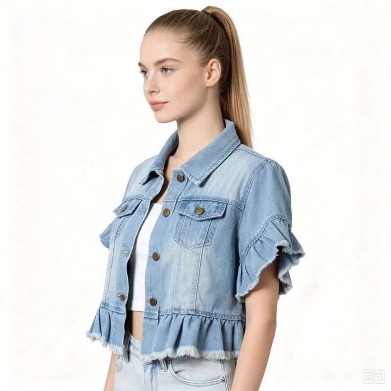 European and American style light blue short-sleeved denim jacket for women, short length with turn-down collar, ruffled cuffs and hem, women's denim jacket