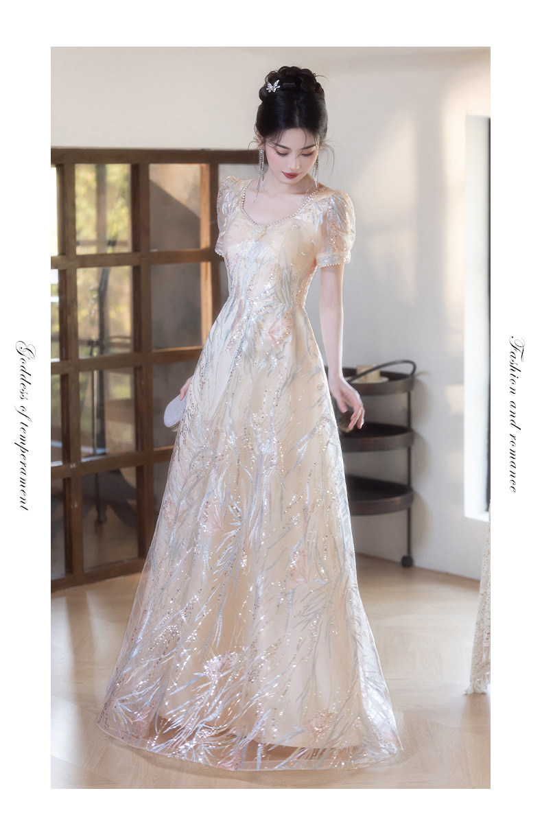 Đầm maxi nữ thắt eo phong cách Pháp, thiết kế dáng dài sang trọng, tay dài, cổ chữ V, chất liệu cao cấp — Màu champagne chi tiết 9