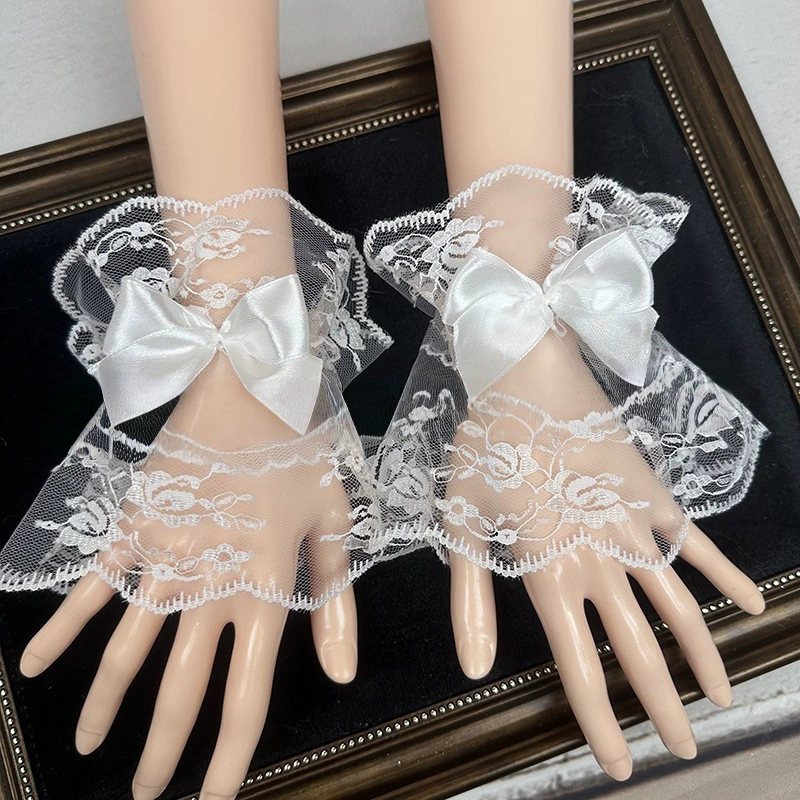 Bridal lace hand sleeves, black and white bow wrist sleeves, shooting performance female Lolita costume styling props