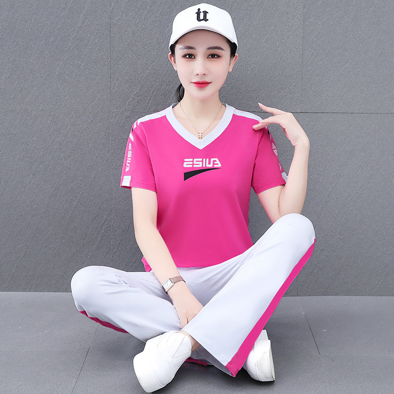 綿95 VネックTシャツカジュアルスポーツスーツレディース半袖夏新作スクエアダンス衣装ダンススタイル2点セット|undefined