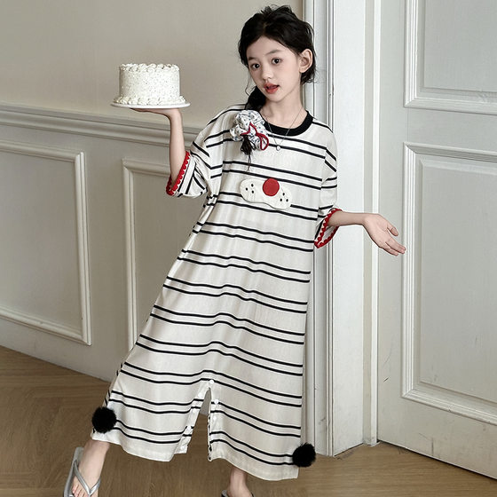 Girls' jumpsuit summer children's pajamas girls 2025 new women's thin striped sleeping bag girls big children's home