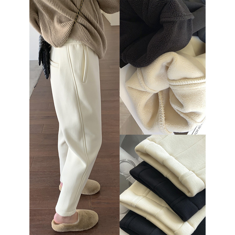 Creamy-white fleece-lined thick casual sweatpants women's winter cotton pants loose slimming harem pants soft warm radish pants