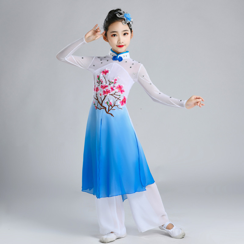 Girls folk dance dresses Blue green pink Hanfu for kids children ancient china classical dance costumes girls elegant children jasmine umbrella fan yangge dance costumes