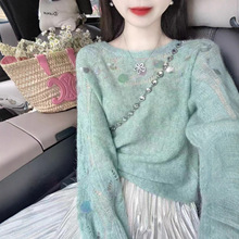 韩系早秋绝美气质温柔风镂空亮片毛衣女秋冬慵懒氛围感针织衫上衣
