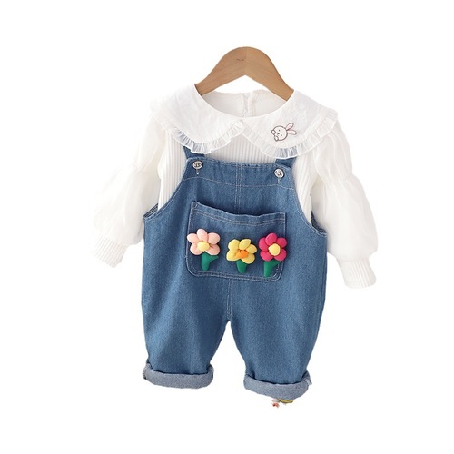 Infant girls puff sleeve mesh lapel long-sleeved top autumn baby denim overalls children's two-piece set