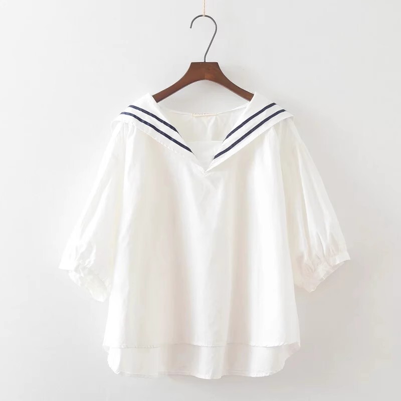 Summer New Style Japanese Mori Girl Navy Blue Loose Plus Size Women's Top Artistic Fresh Casual Short-Sleeved Shirt Summer New Style Japanese Mori Girl Navy Blue Loose Plus Size Women's Top Artistic Fresh Casual Short-Sleeved Shirt