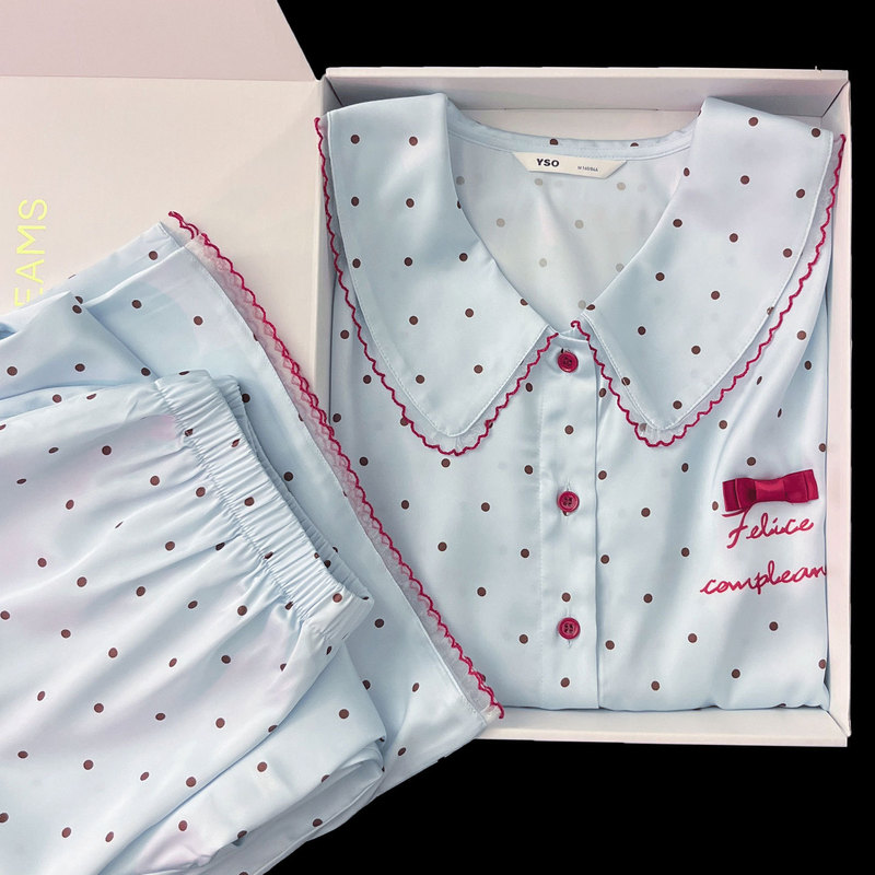 Ice Silk Short-Sleeved Pajamas for Women, New Summer Style, Bow-Knot Polka Dot Doll Collar, Home Wear, Sweet Set