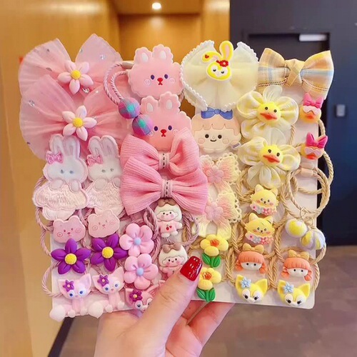 Children's elastic hair tie set, baby hair ribbon for girls, flower and bow hair accessories, non-irritating hair clips, cute hair bands for braiding ponytails