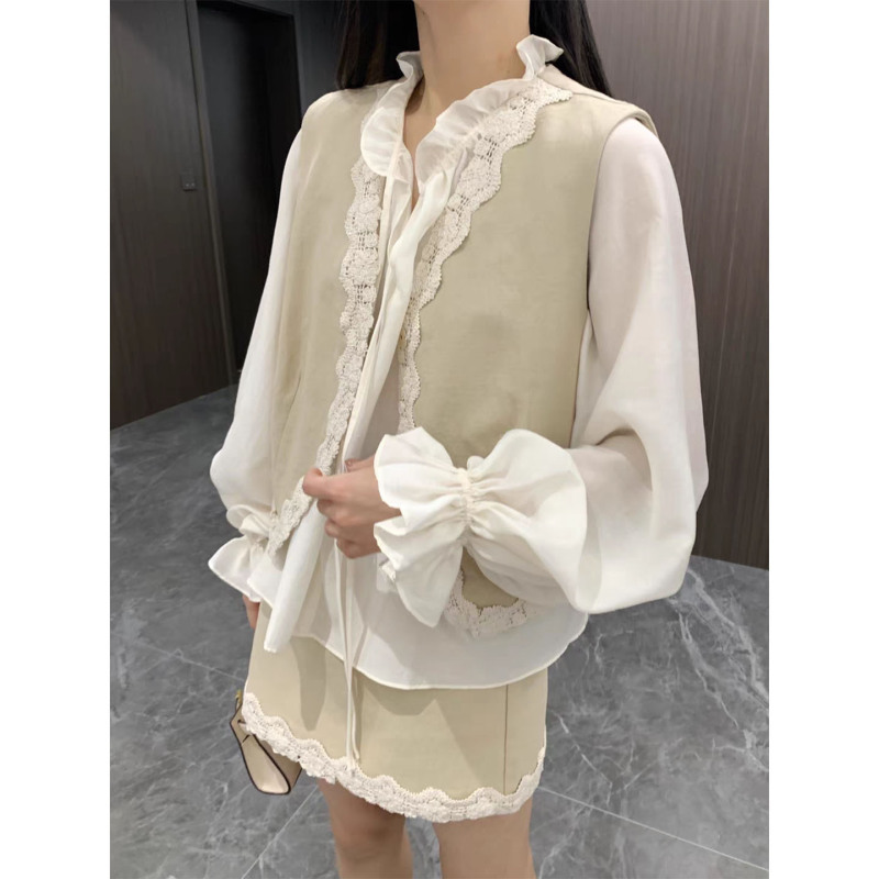 法式温柔风蕾丝V领长袖衬衫叠穿花边马甲a字短裙女2025新款三件套|undefined