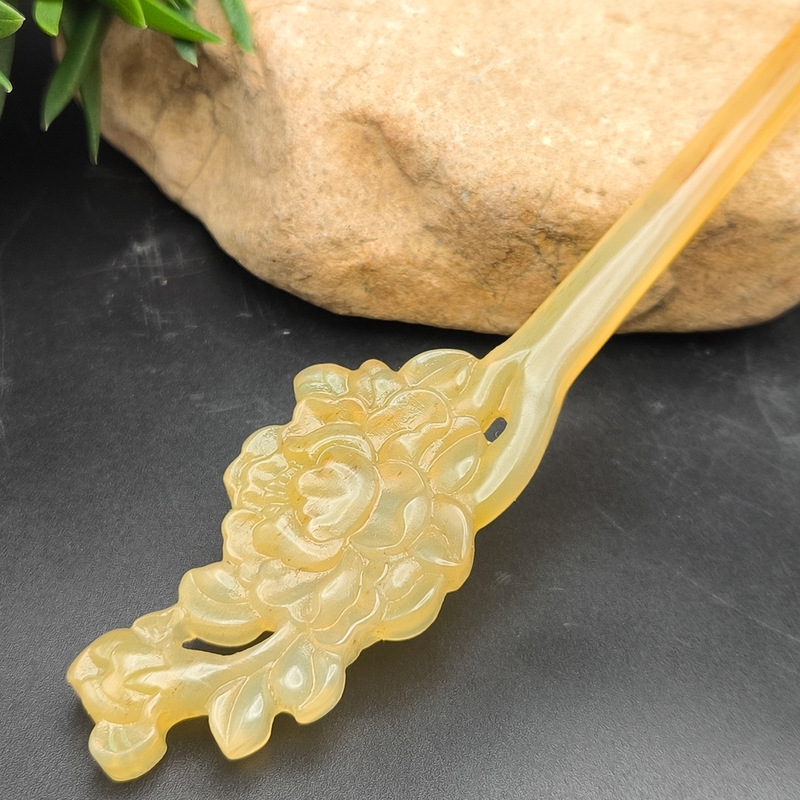天然牛羊角双面雕刻牡丹花造型发簪汉服发饰搭配古风创意簪子复古|undefined