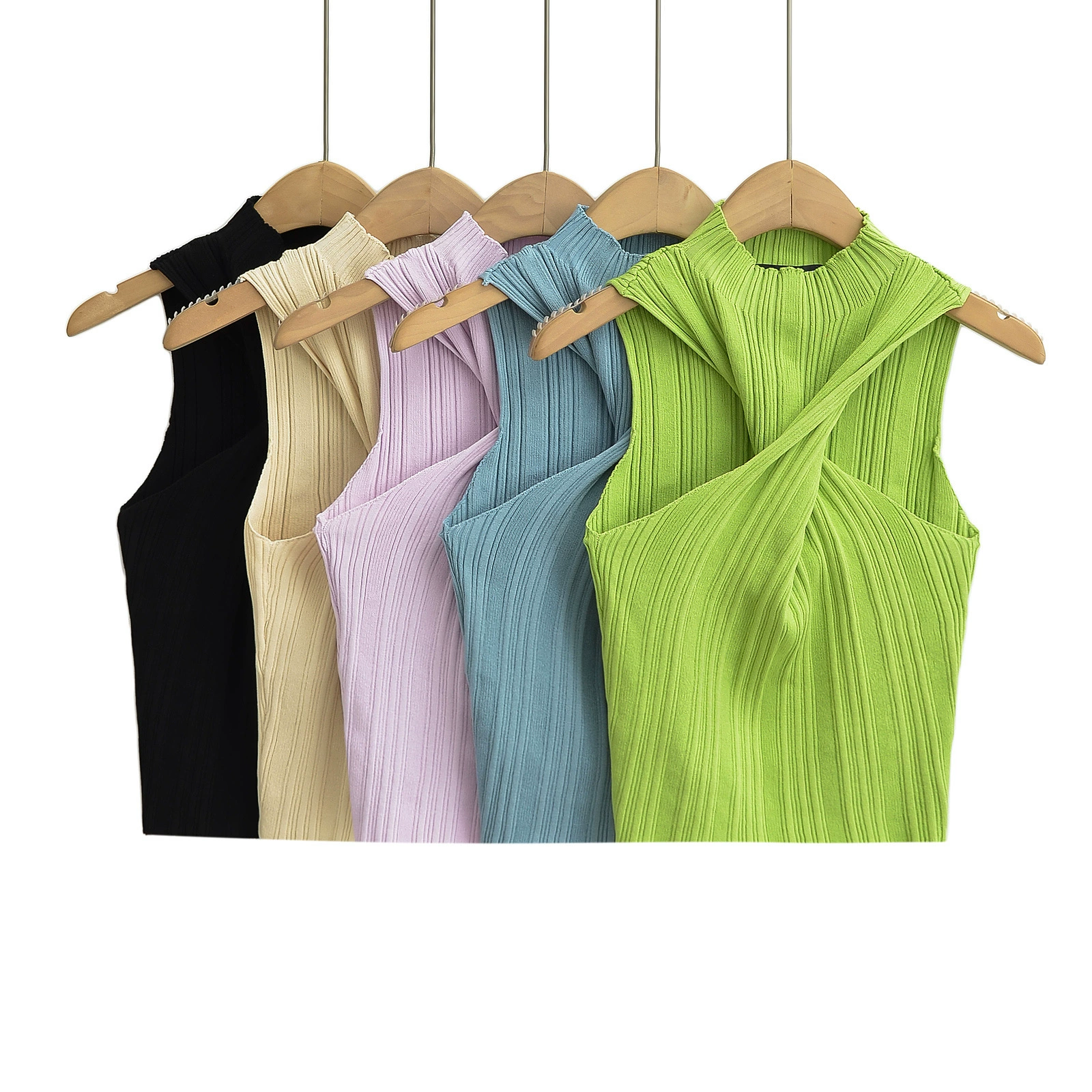 Женский оптовый дизайн Amazon с поворотным узлом, короткий жилет для горячих девушек, облегающий эластичный сексуальный верхняя одежда, вязаный топ