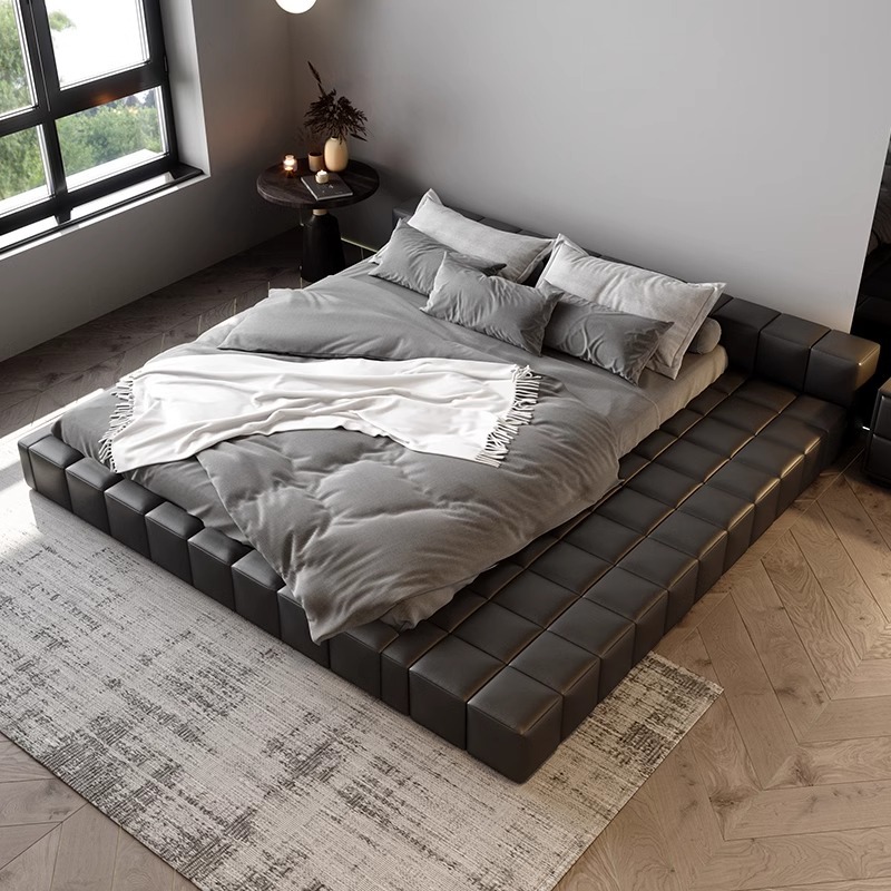 Cama de cuero de tatami minimalista italiana 2 * 2.2m cama queen piso negro atmósfera de alta gama cama de matrimonio doble