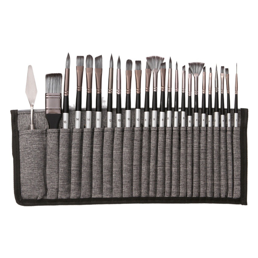 Amazon Venta caliente 24 nylon cepillo de pelo traje gris plata varilla pluma cortina aceite cepillo gouache acuarela cepillo