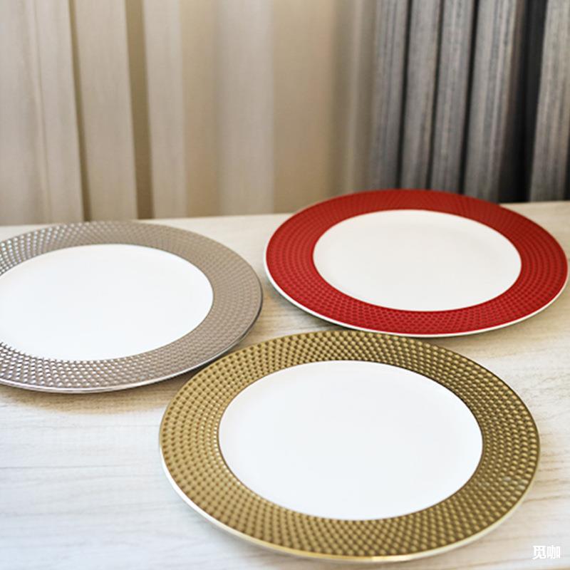 欧式镀金陶瓷盘 时尚红色家用圆形餐盘 餐厅创意菜盘意面盘牛排盘