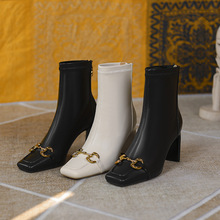 2178-11 春秋時裝裸靴女方頭馬銜扣側拉鏈高跟粗跟低筒短靴后拉鏈