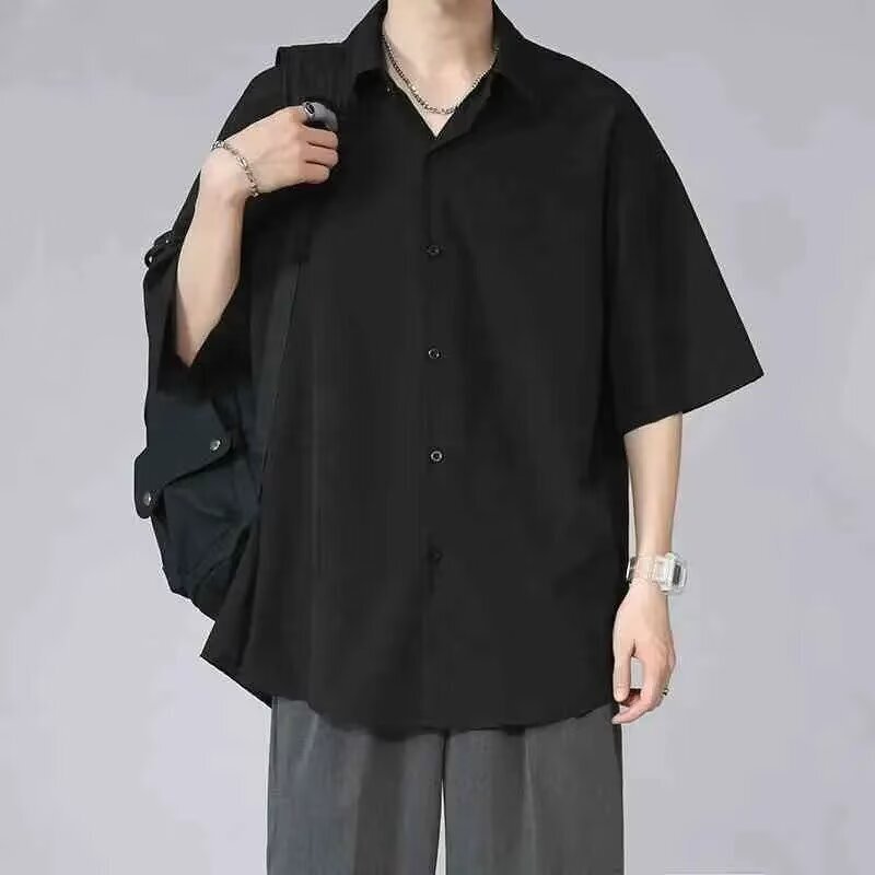 Summer Shirt for Men, Trendy and Versatile, Black Thin Ice Silk Short-Sleeved Loose Casual Jacket, High-End Hong Kong Style Shirt Summer Shirt for Men, Trendy and Versatile, Black Thin Ice Silk Short-Sleeved Loose Casual Jacket, High-End Hong Kong Style Shirt