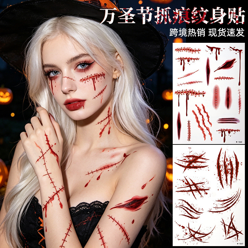 Cross-Border Halloween Glow-In-The-Dark Tattoo Stickers Waterproof European and American Style Fake Scar Skull Temporary Tattoos Party Tattoos Cross-Border Halloween Glow-In-The-Dark Tattoo Stickers Waterproof European and American Style Fake Scar Skull Temporary Tattoos Party Tattoos