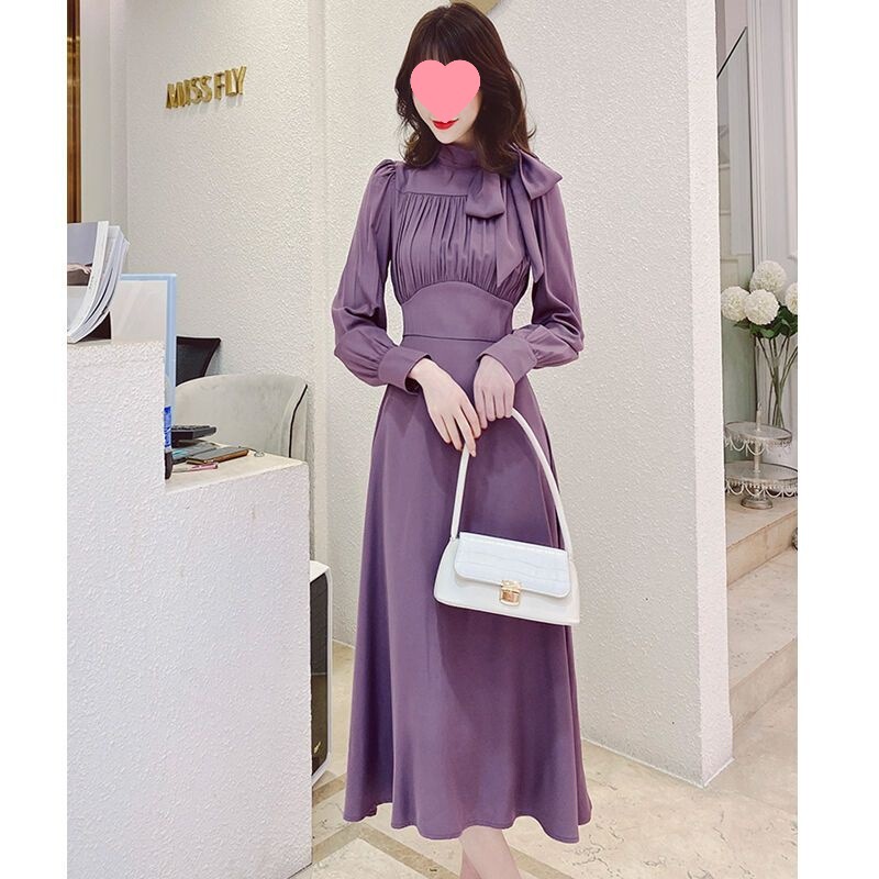法式优雅连衣裙秋装2025年新款女韩版复古女人味压褶设计中长裙子|undefined