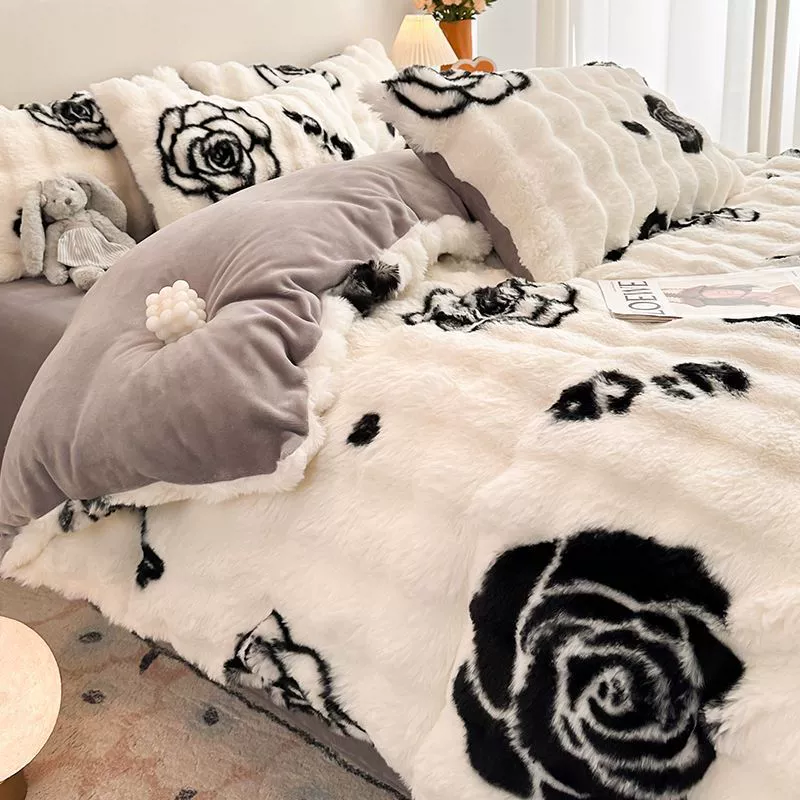 Winter warm set, double-sided coral flannel duvet cover, sheet, 4 piece set